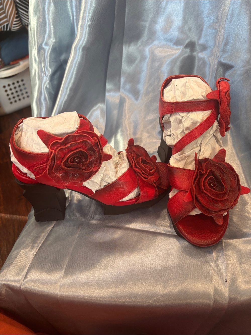 Women's Red Floral Leather Block-Heel Sandals